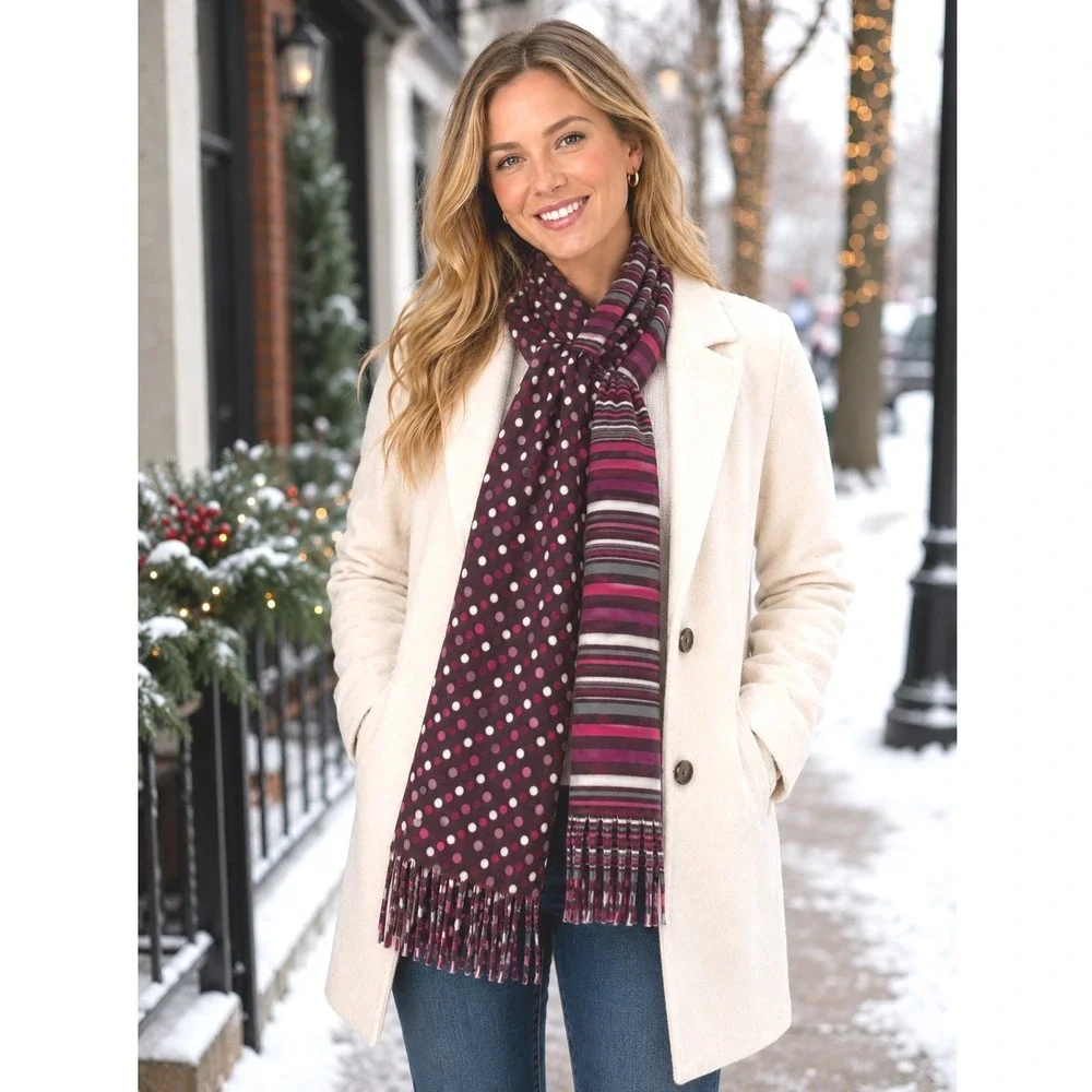JOE BOXER Fleece Scarf‎ Women's OSFM Multicolor Polka Dot Stripe Fringe Design